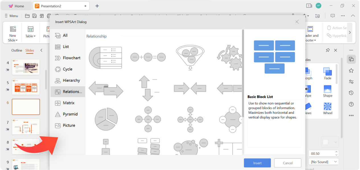 Usa el mapa conceptual en WPS Presentation