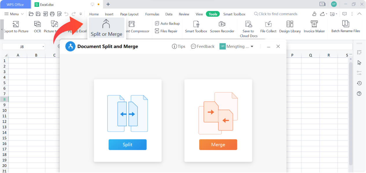 Dividir y combinar archivos de Excel con WPS Spreadsheet